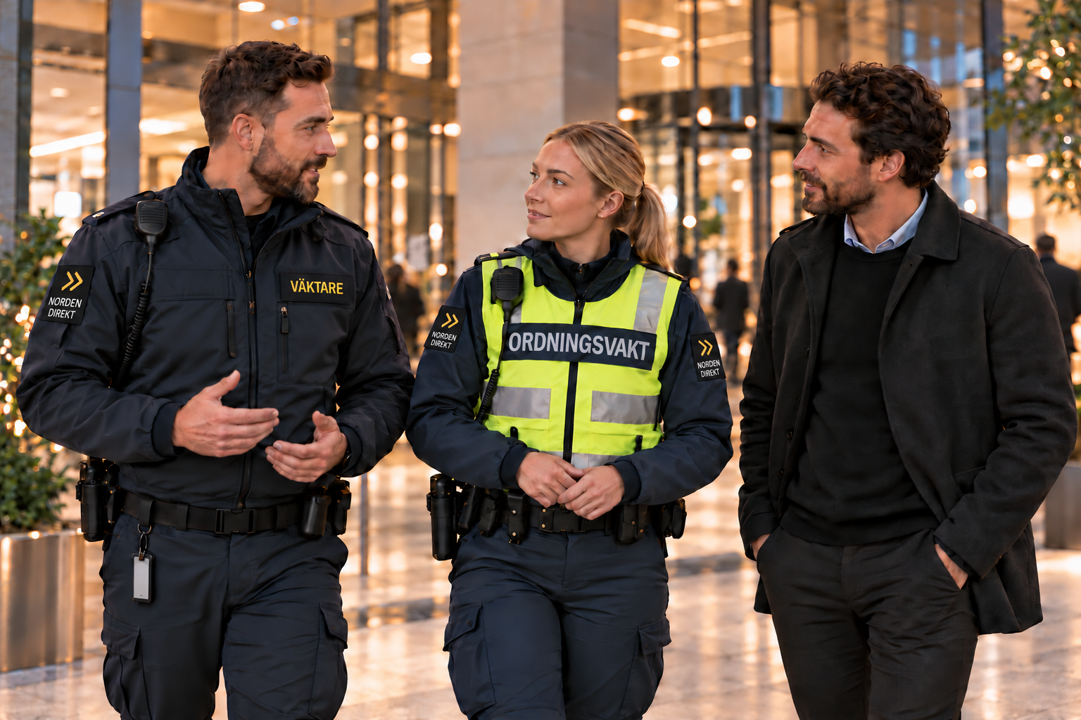 AI-genererat bildförslag med väktare, ordningsvakt i gul väst och civil butikskontrollant